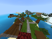 View of Spawn including safe house(s), stable, nether access, and fishing pier/harbor
